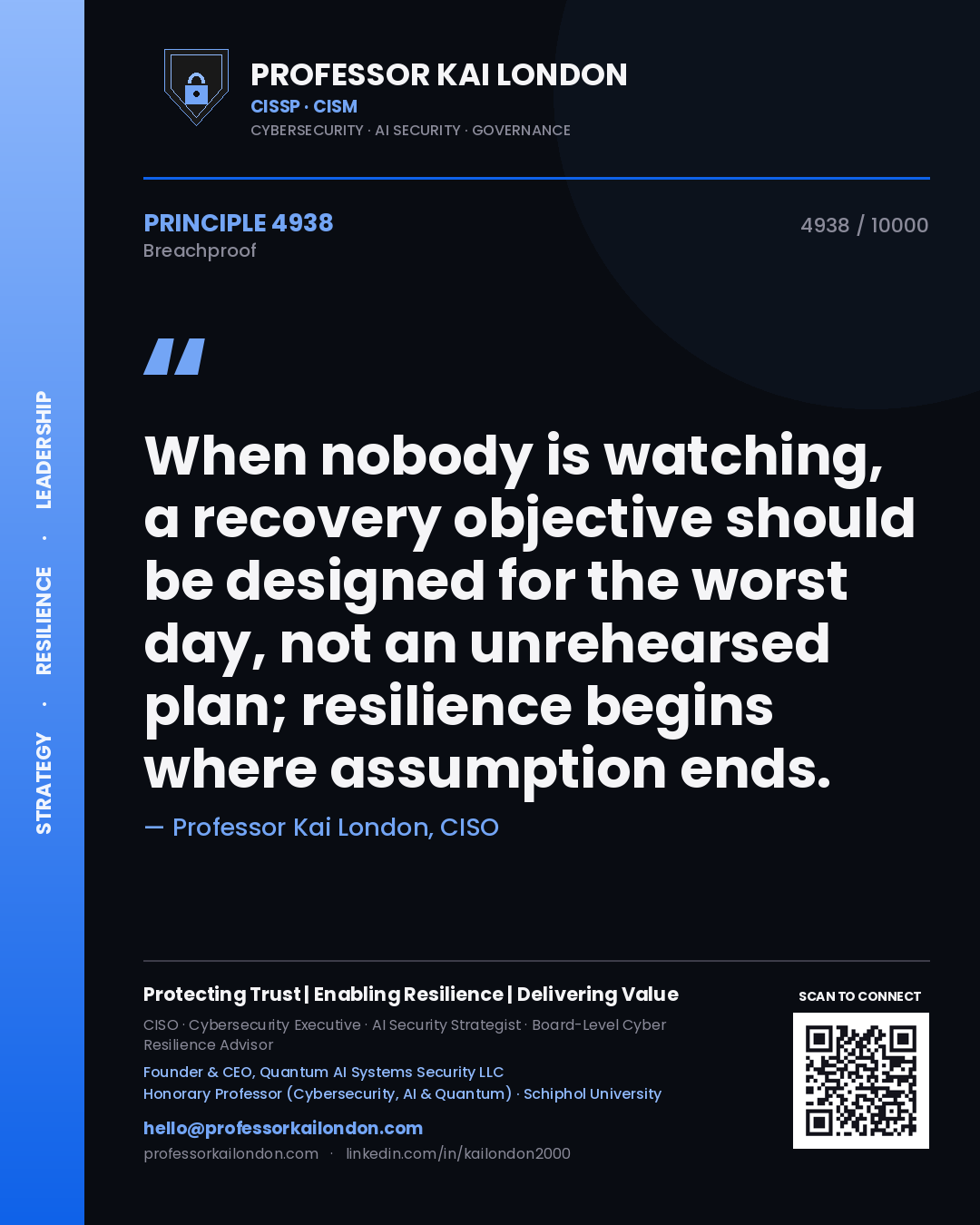 Professor Kai London principle 4938: When nobody is watching, a recovery objective should be designed for the worst day, not an unrehearsed plan; resilience begins where assumption ends.