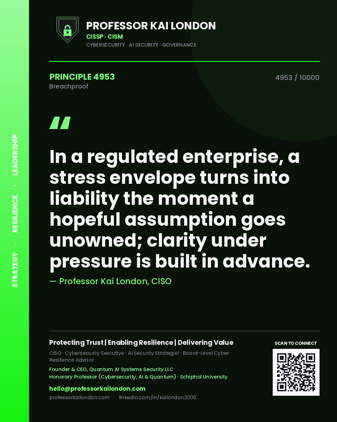 Professor Kai London principle 4953: In a regulated enterprise, a stress envelope turns into liability the moment a hopeful assumption goes unowned; clarity under pressure is built in advance.