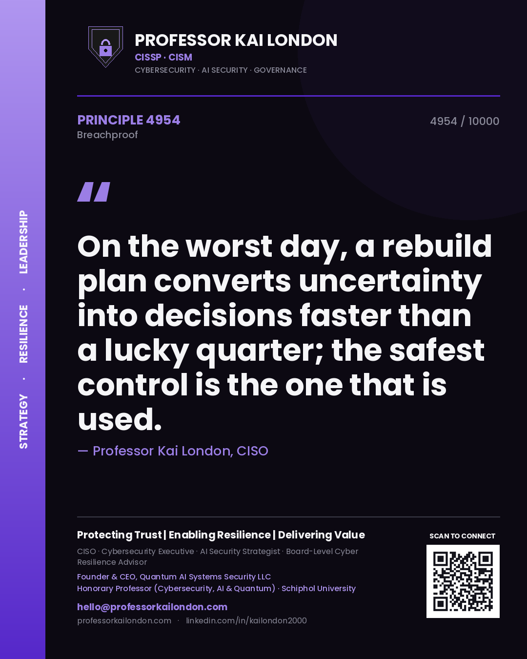 Professor Kai London principle 4954: On the worst day, a rebuild plan converts uncertainty into decisions faster than a lucky quarter; the safest control is the one that is used.