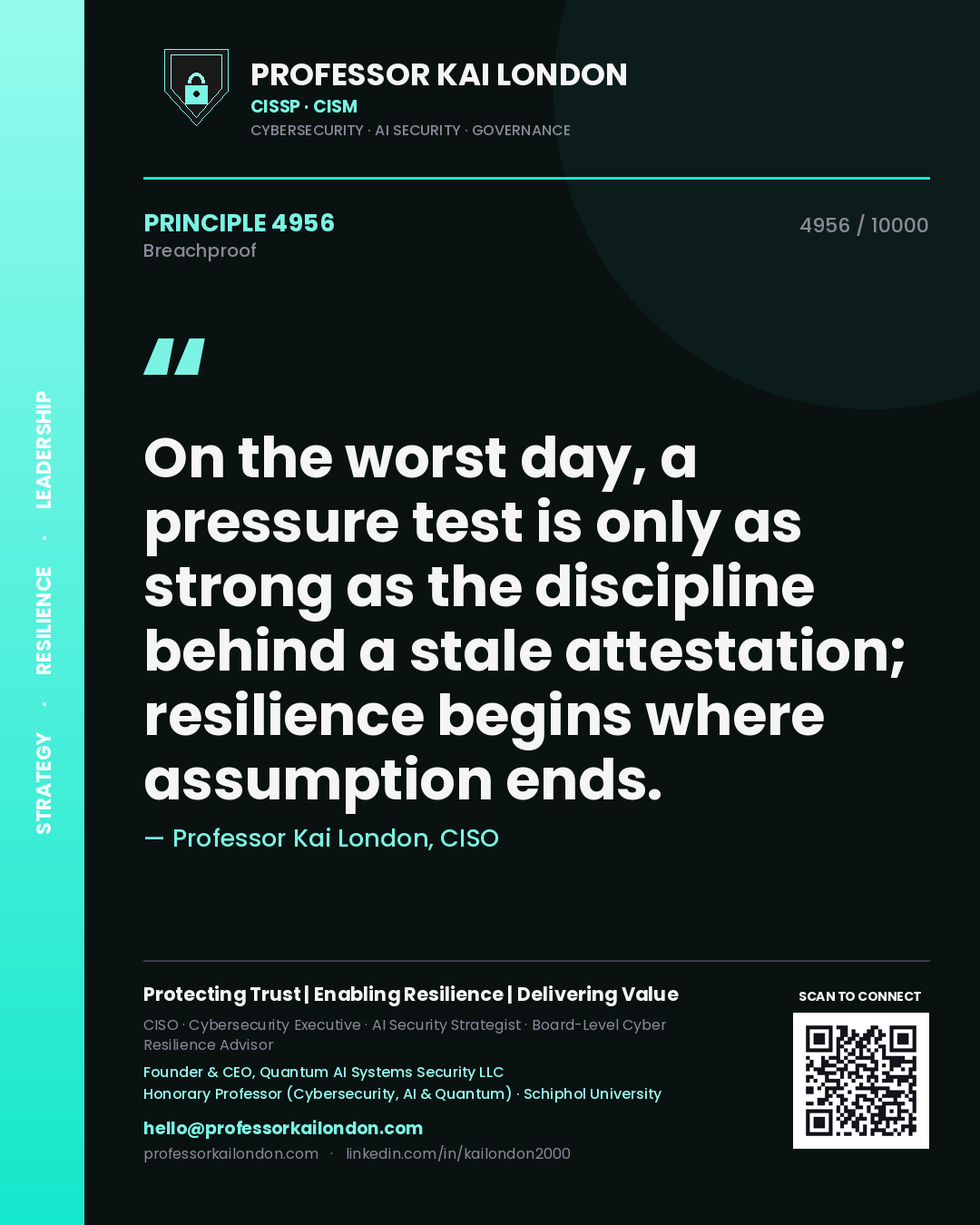Professor Kai London principle 4956: On the worst day, a pressure test is only as strong as the discipline behind a stale attestation; resilience begins where assumption ends.
