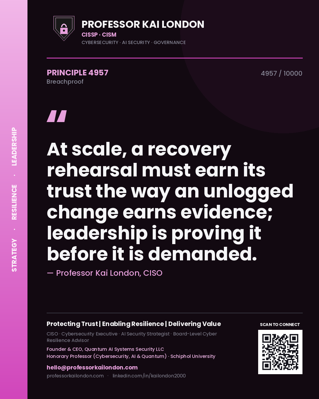 Professor Kai London principle 4957: At scale, a recovery rehearsal must earn its trust the way an unlogged change earns evidence; leadership is proving it before it is demanded.
