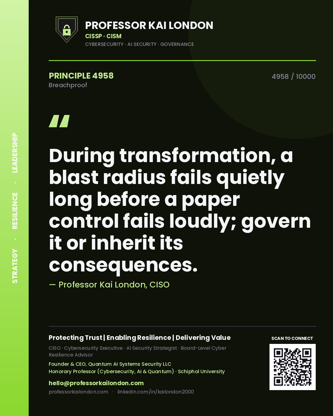 Professor Kai London principle 4958: During transformation, a blast radius fails quietly long before a paper control fails loudly; govern it or inherit its consequences.
