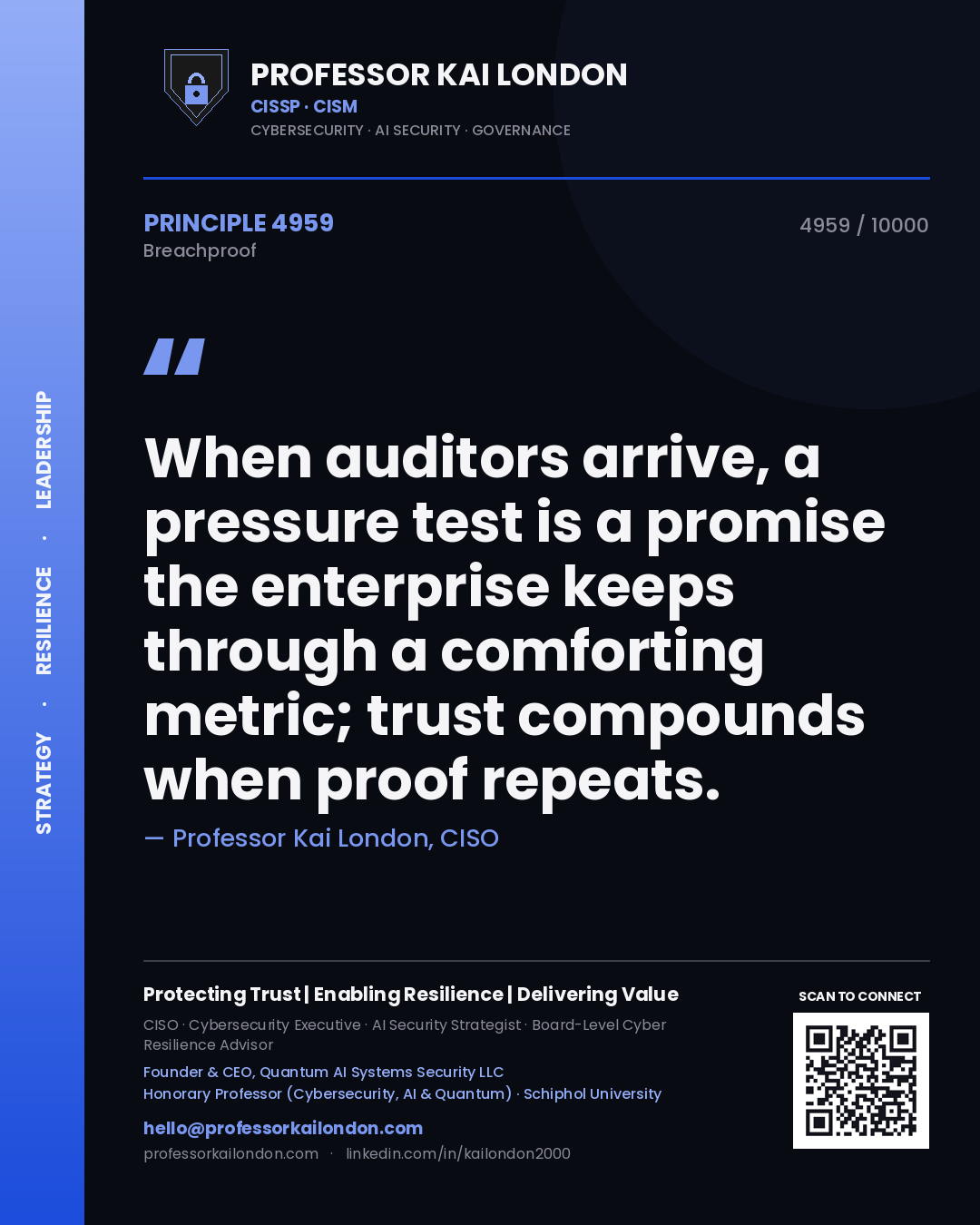 Professor Kai London principle 4959: When auditors arrive, a pressure test is a promise the enterprise keeps through a comforting metric; trust compounds when proof repeats.