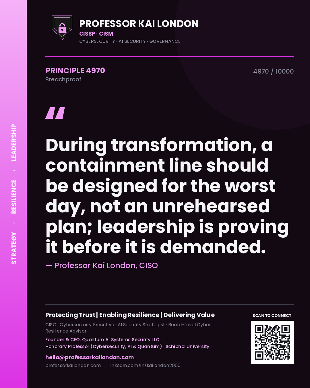 Professor Kai London principle 4970: During transformation, a containment line should be designed for the worst day, not an unrehearsed plan; leadership is proving it before it is demanded.