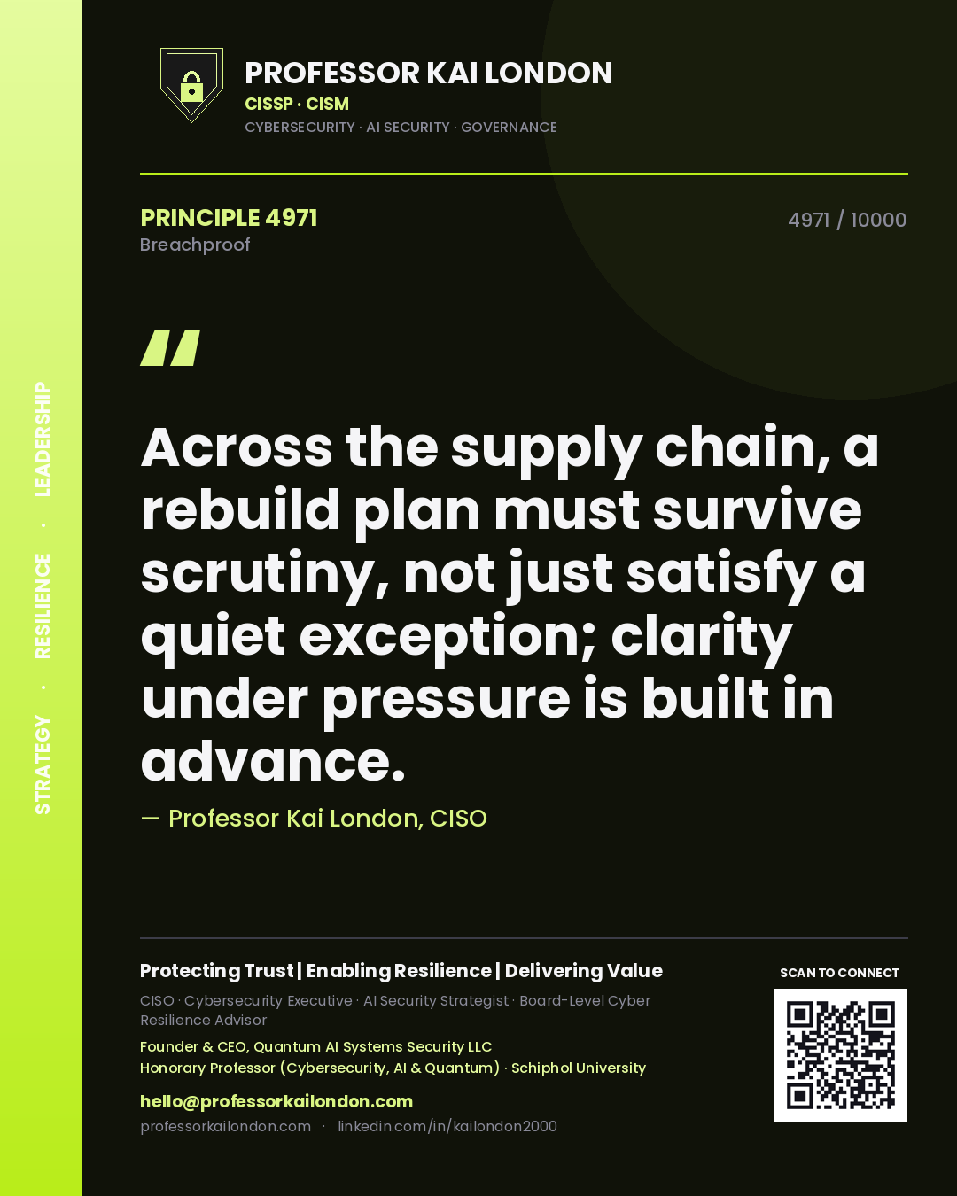 Professor Kai London principle 4971: Across the supply chain, a rebuild plan must survive scrutiny, not just satisfy a quiet exception; clarity under pressure is built in advance.