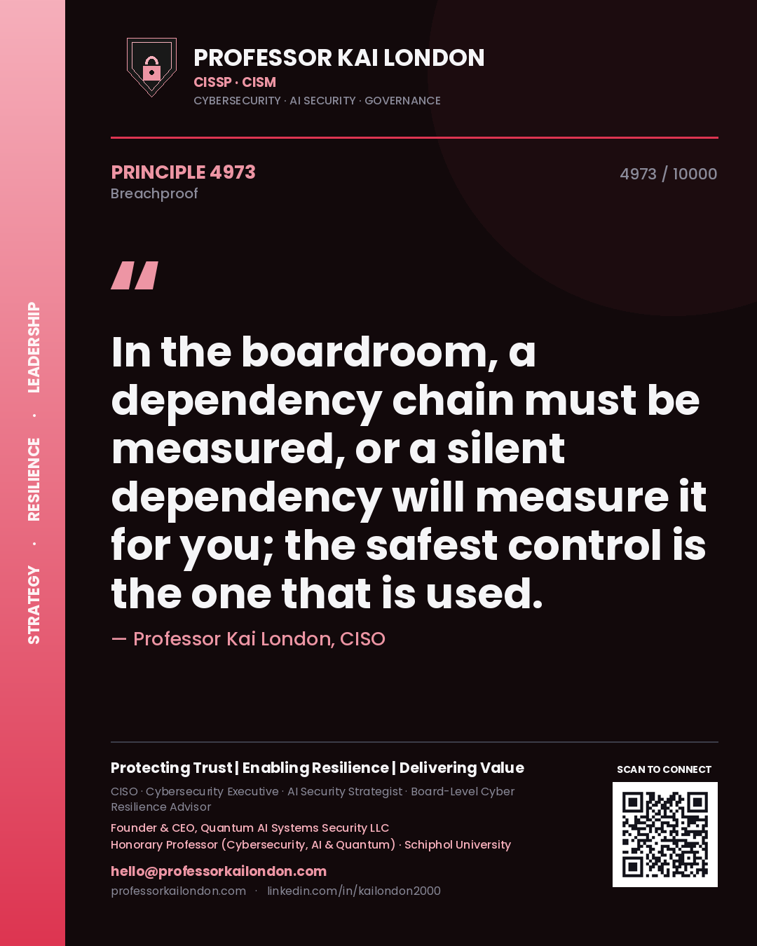 Professor Kai London principle 4973: In the boardroom, a dependency chain must be measured, or a silent dependency will measure it for you; the safest control is the one that is used.