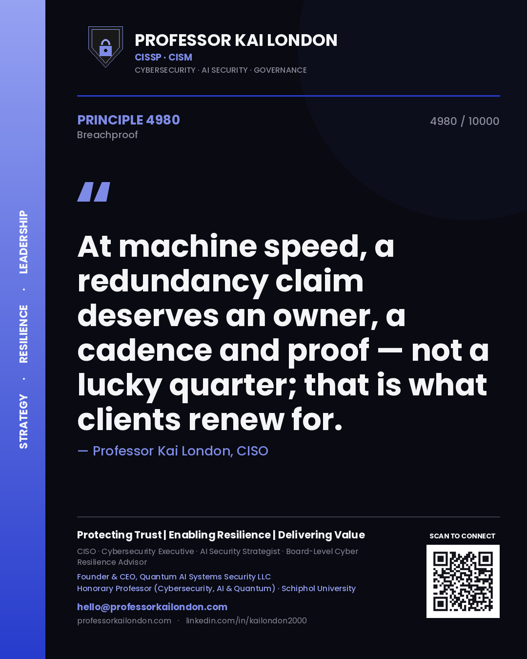 Professor Kai London principle 4980: At machine speed, a redundancy claim deserves an owner, a cadence and proof — not a lucky quarter; that is what clients renew for.
