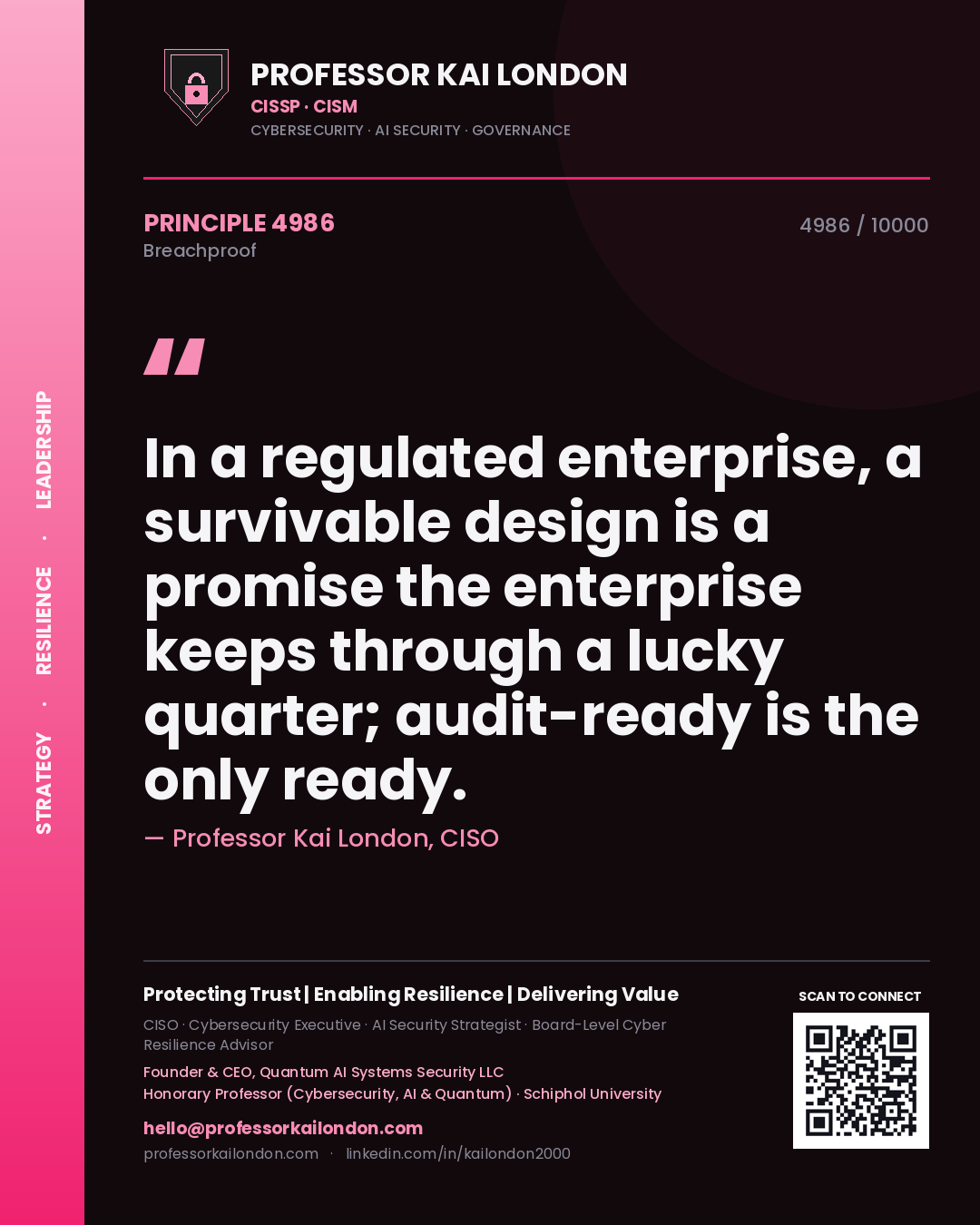 Professor Kai London principle 4986: In a regulated enterprise, a survivable design is a promise the enterprise keeps through a lucky quarter; audit-ready is the only ready.