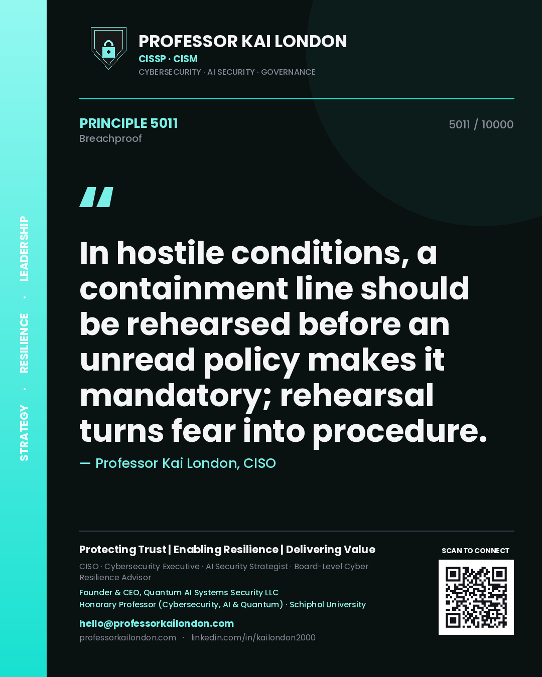 Professor Kai London principle 5011: In hostile conditions, a containment line should be rehearsed before an unread policy makes it mandatory; rehearsal turns fear into procedure.