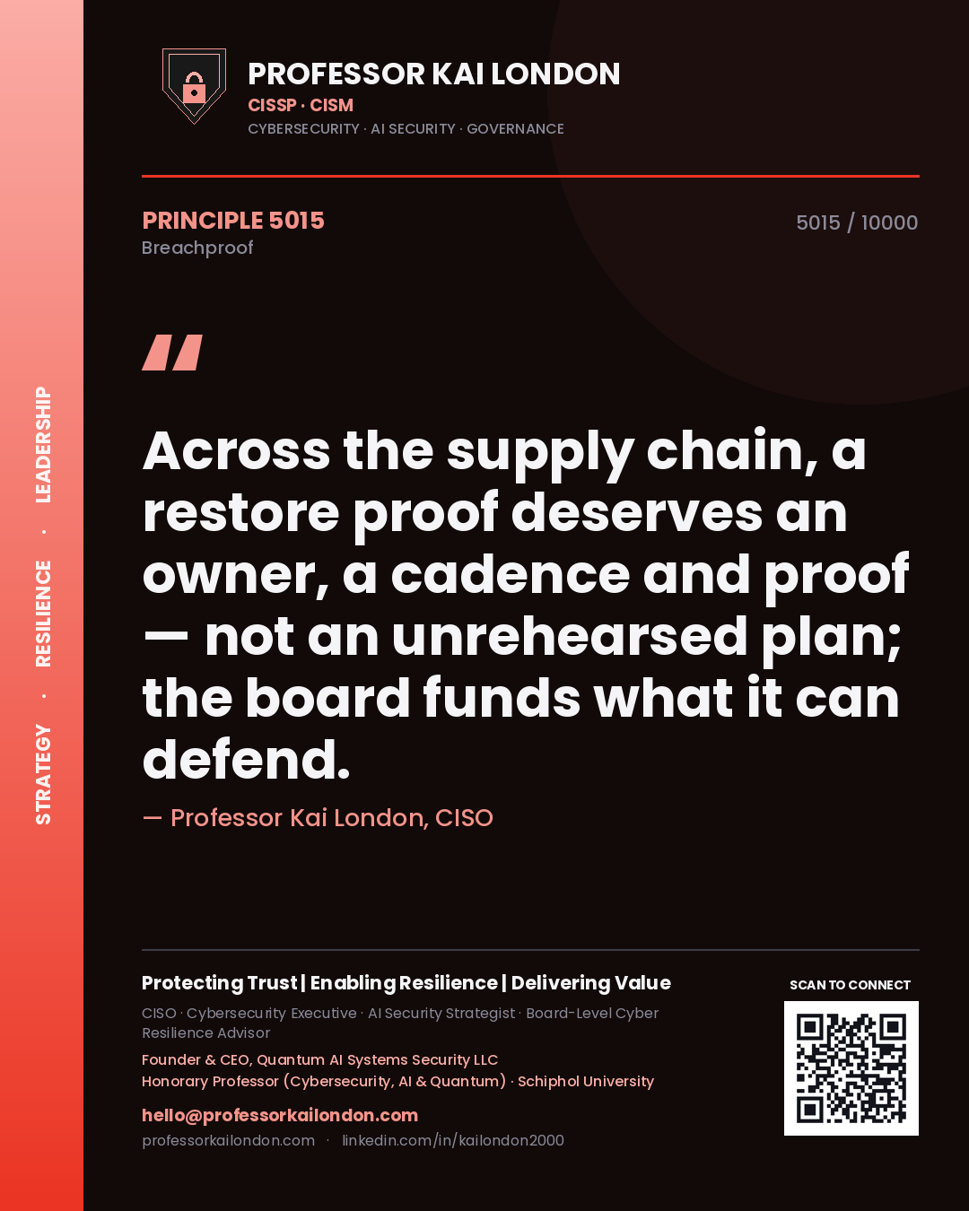 Professor Kai London principle 5015: Across the supply chain, a restore proof deserves an owner, a cadence and proof — not an unrehearsed plan; the board funds what it can defend.