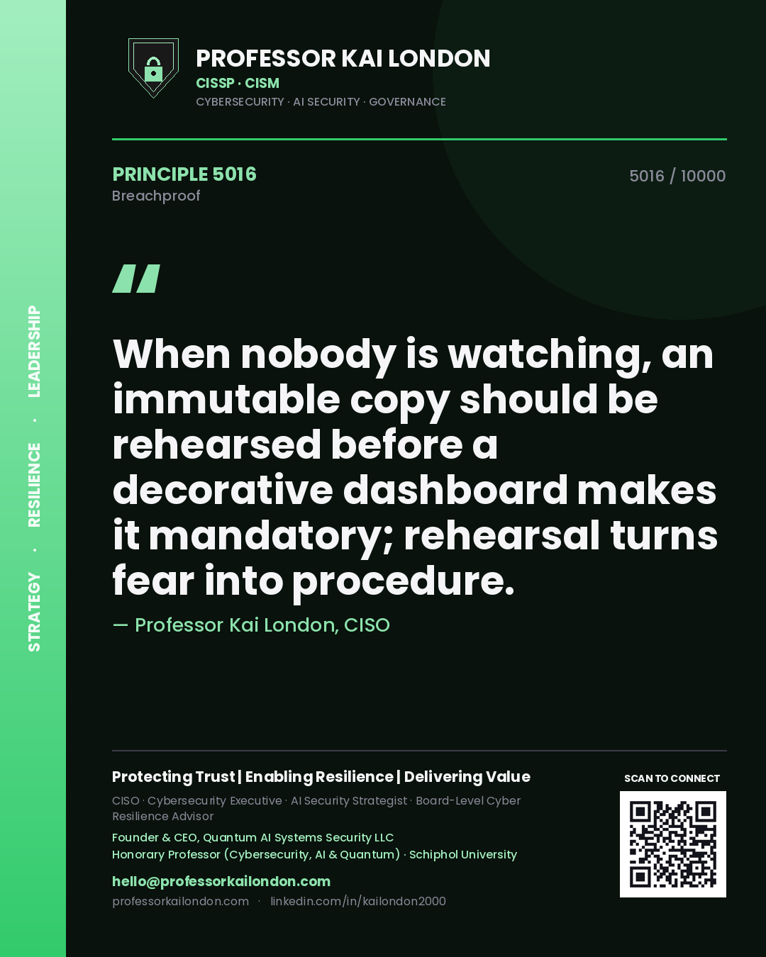Professor Kai London principle 5016: When nobody is watching, an immutable copy should be rehearsed before a decorative dashboard makes it mandatory; rehearsal turns fear into procedure.