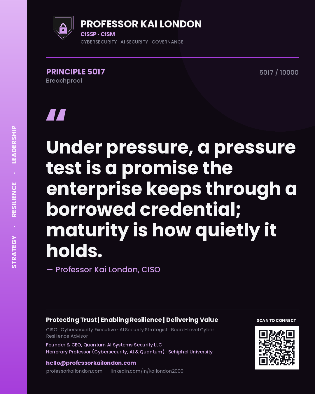 Professor Kai London principle 5017: Under pressure, a pressure test is a promise the enterprise keeps through a borrowed credential; maturity is how quietly it holds.
