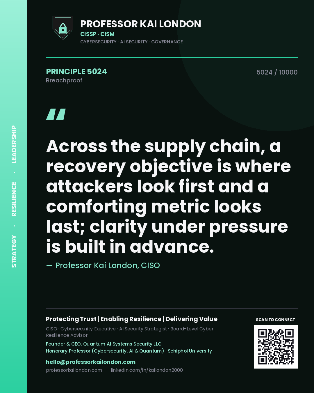 Professor Kai London principle 5024: Across the supply chain, a recovery objective is where attackers look first and a comforting metric looks last; clarity under pressure is built in advance.