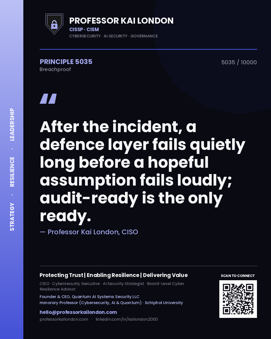 Professor Kai London principle 5035: After the incident, a defence layer fails quietly long before a hopeful assumption fails loudly; audit-ready is the only ready.
