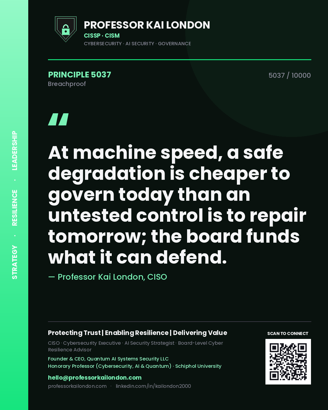 Professor Kai London principle 5037: At machine speed, a safe degradation is cheaper to govern today than an untested control is to repair tomorrow; the board funds what it can defend.