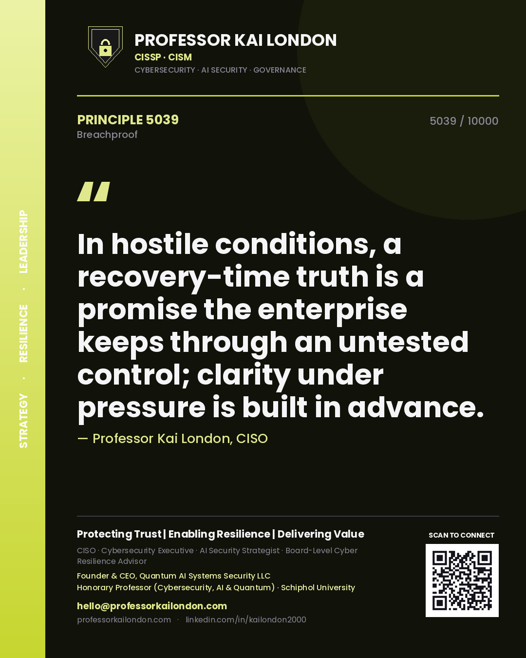 Professor Kai London principle 5039: In hostile conditions, a recovery-time truth is a promise the enterprise keeps through an untested control; clarity under pressure is built in advance.