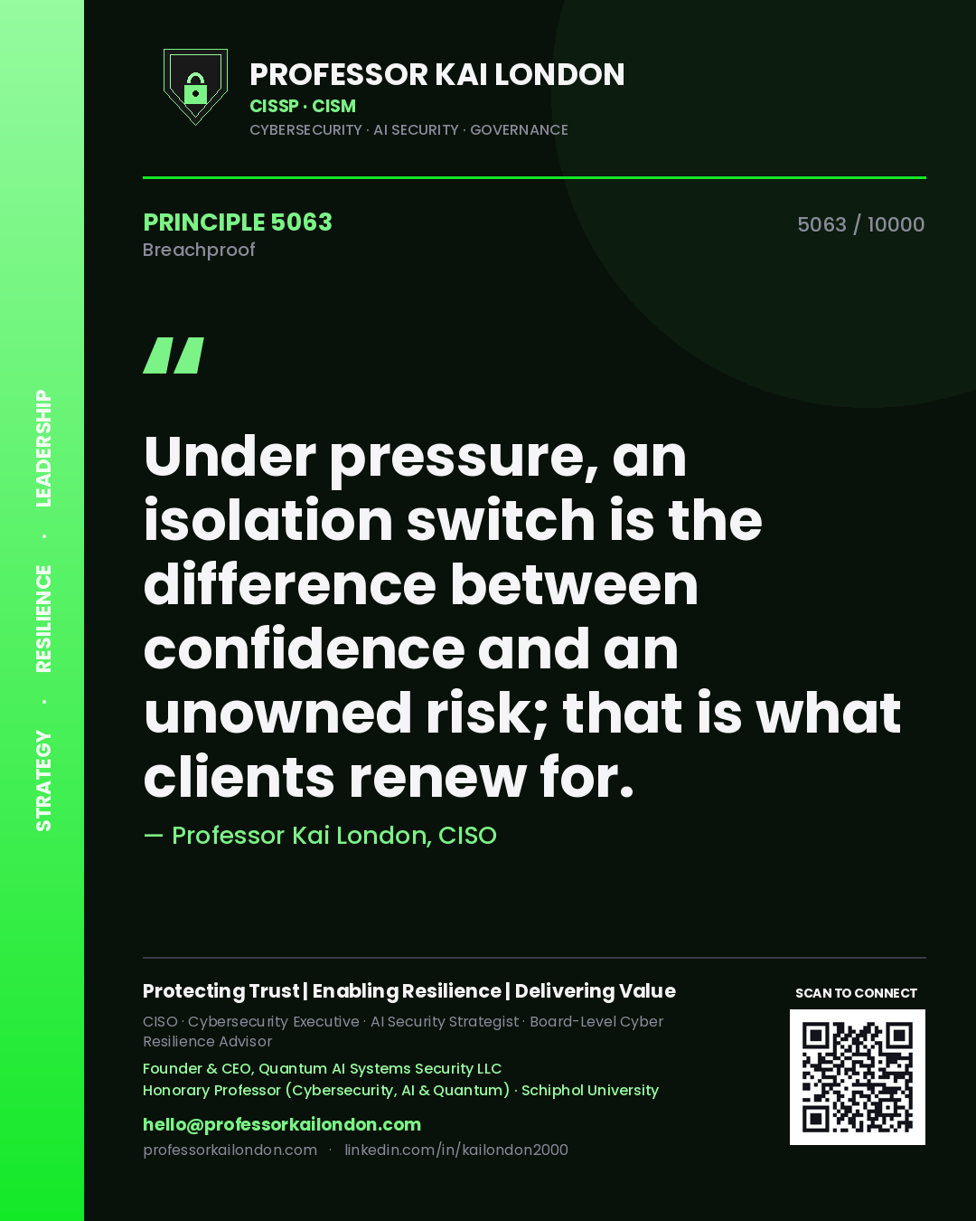 Professor Kai London principle 5063: Under pressure, an isolation switch is the difference between confidence and an unowned risk; that is what clients renew for.