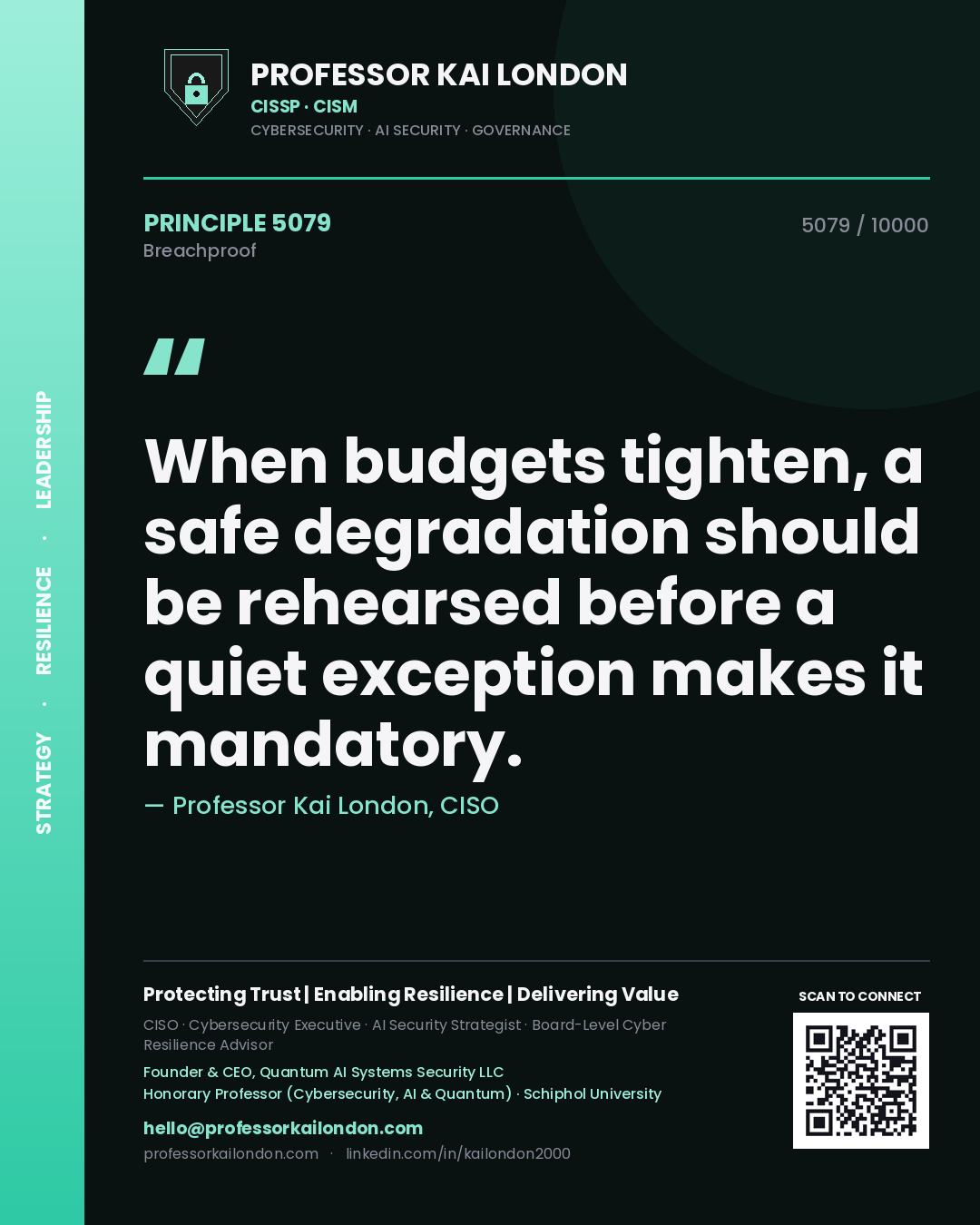 Professor Kai London principle 5079: When budgets tighten, a safe degradation should be rehearsed before a quiet exception makes it mandatory.