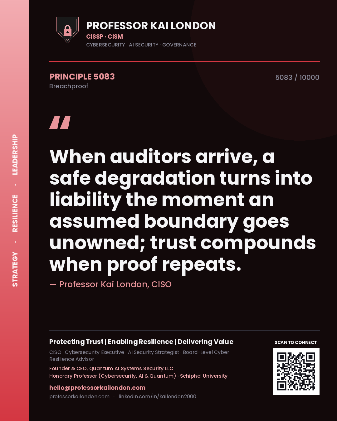 Professor Kai London principle 5083: When auditors arrive, a safe degradation turns into liability the moment an assumed boundary goes unowned; trust compounds when proof repeats.