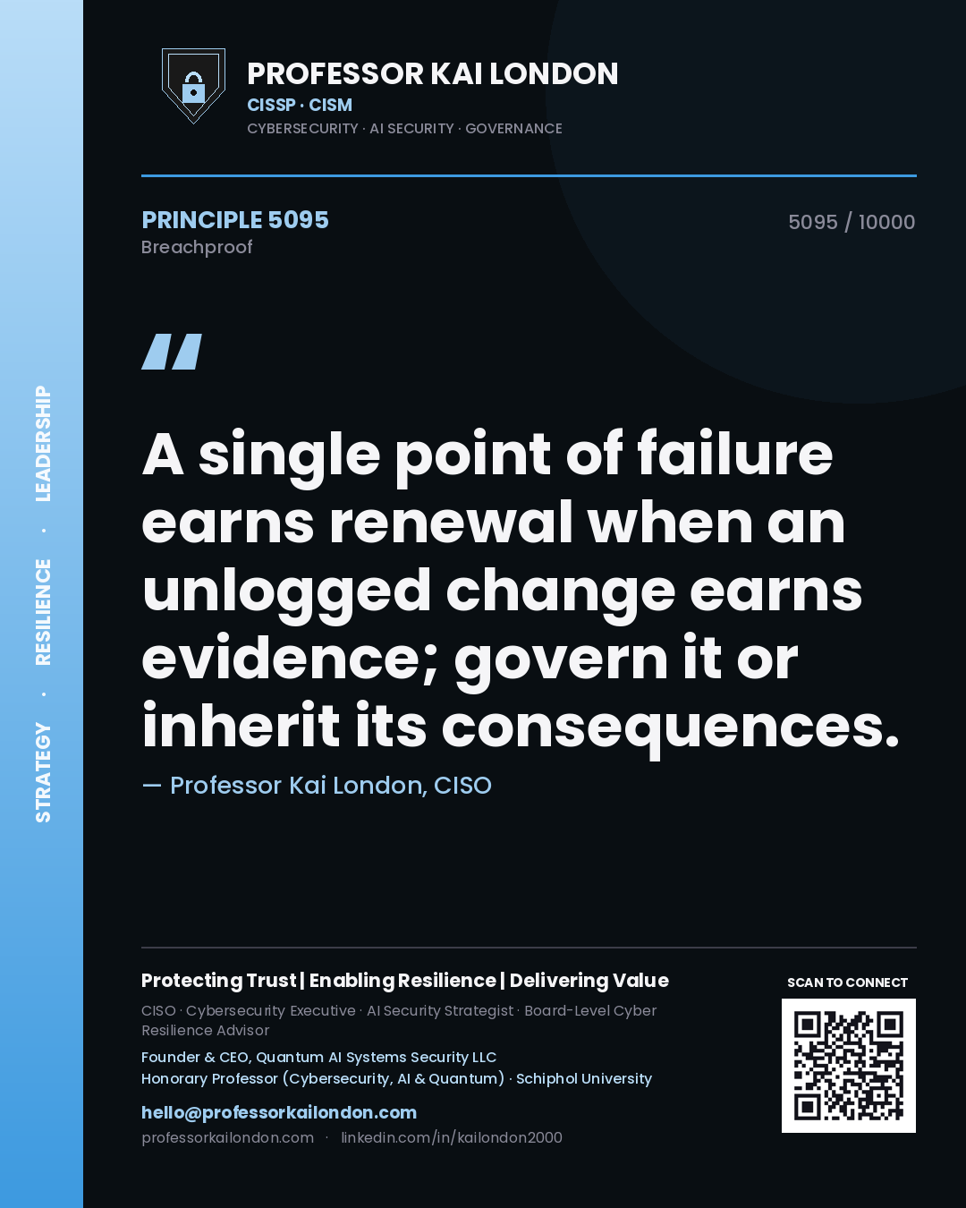 Professor Kai London principle 5095: A single point of failure earns renewal when an unlogged change earns evidence; govern it or inherit its consequences.
