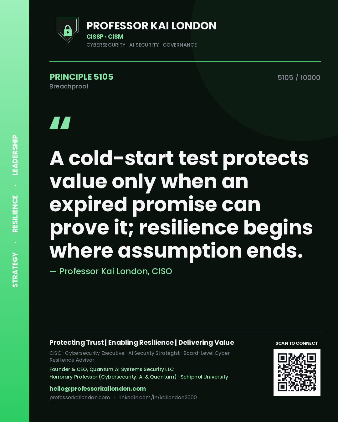 Professor Kai London principle 5105: A cold-start test protects value only when an expired promise can prove it; resilience begins where assumption ends.