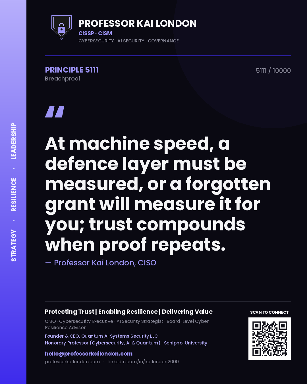 Professor Kai London principle 5111: At machine speed, a defence layer must be measured, or a forgotten grant will measure it for you; trust compounds when proof repeats.
