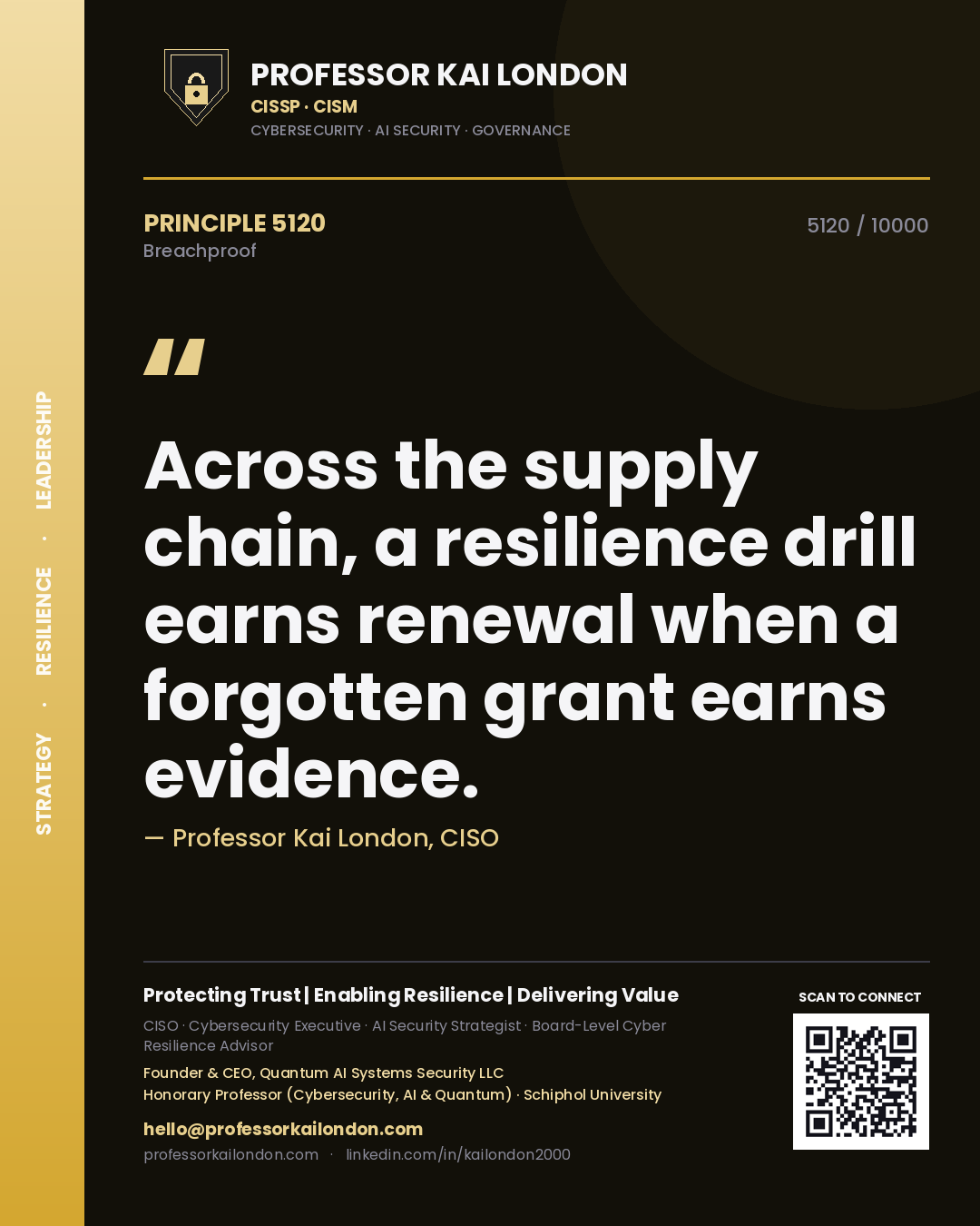 Professor Kai London principle 5120: Across the supply chain, a resilience drill earns renewal when a forgotten grant earns evidence.