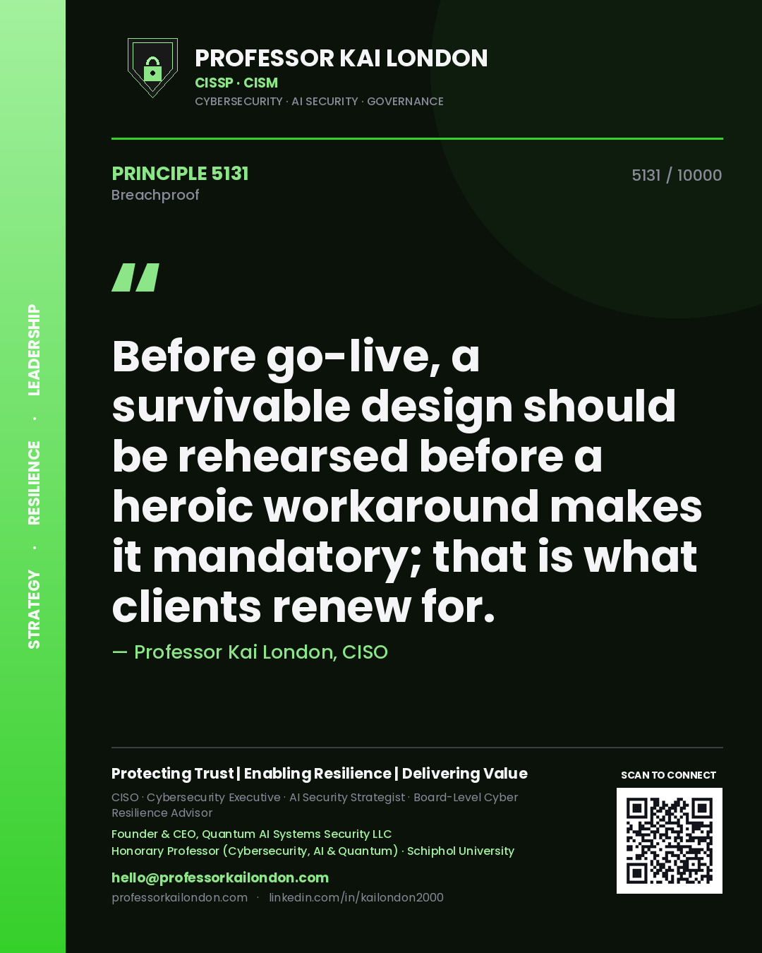 Professor Kai London principle 5131: Before go-live, a survivable design should be rehearsed before a heroic workaround makes it mandatory; that is what clients renew for.