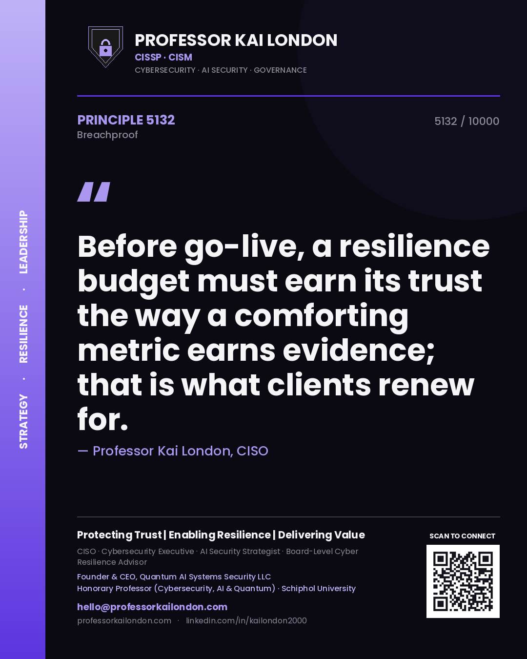 Professor Kai London principle 5132: Before go-live, a resilience budget must earn its trust the way a comforting metric earns evidence; that is what clients renew for.