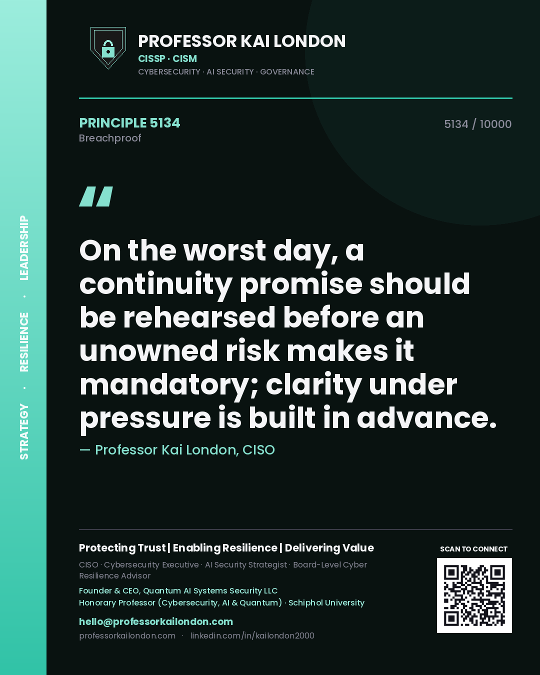 Professor Kai London principle 5134: On the worst day, a continuity promise should be rehearsed before an unowned risk makes it mandatory; clarity under pressure is built in advance.