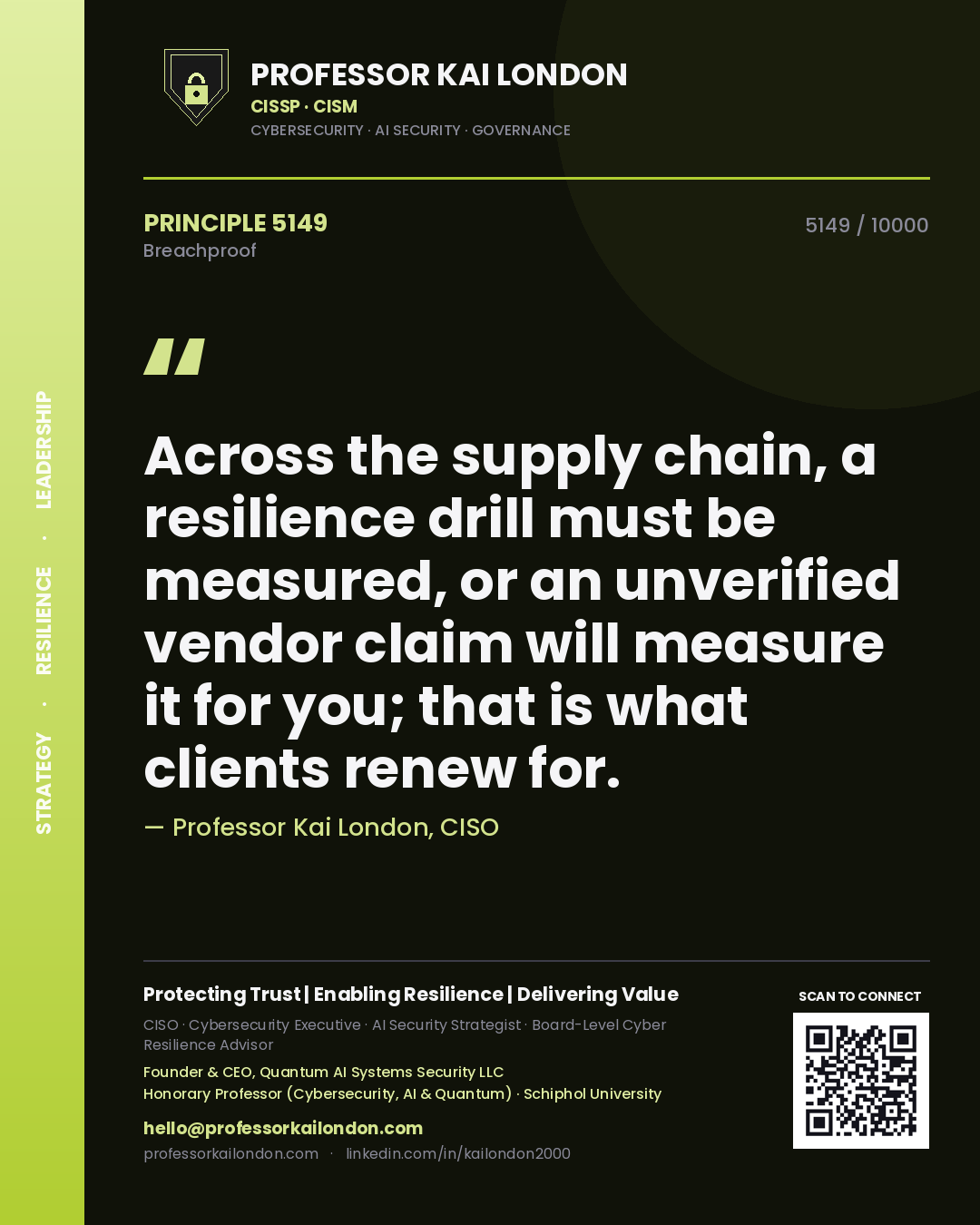 Professor Kai London principle 5149: Across the supply chain, a resilience drill must be measured, or an unverified vendor claim will measure it for you; that is what clients renew for.
