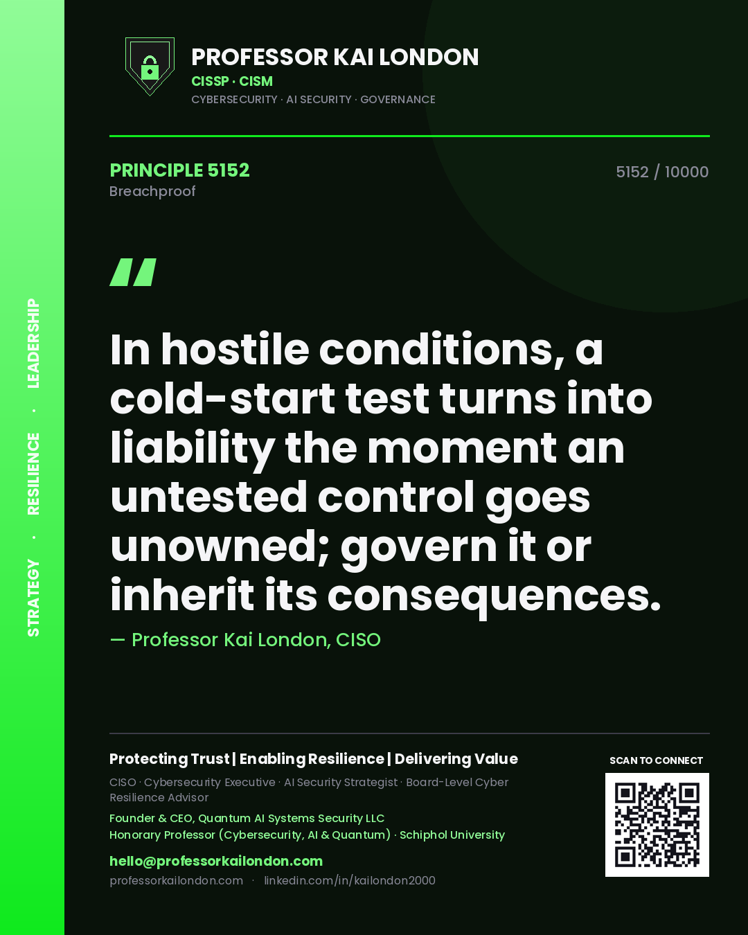 Professor Kai London principle 5152: In hostile conditions, a cold-start test turns into liability the moment an untested control goes unowned; govern it or inherit its consequences.