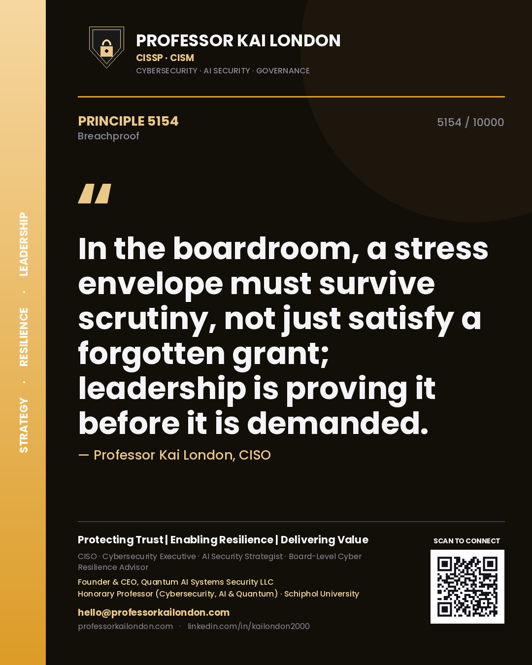 Professor Kai London principle 5154: In the boardroom, a stress envelope must survive scrutiny, not just satisfy a forgotten grant; leadership is proving it before it is demanded.
