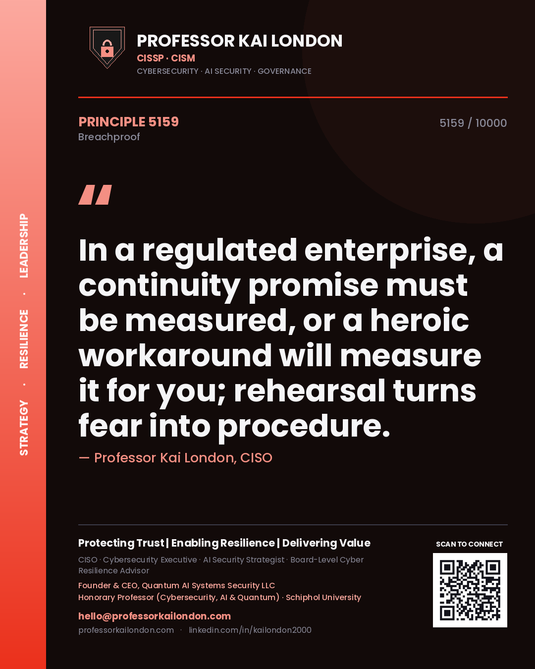 Professor Kai London principle 5159: In a regulated enterprise, a continuity promise must be measured, or a heroic workaround will measure it for you; rehearsal turns fear into procedure.