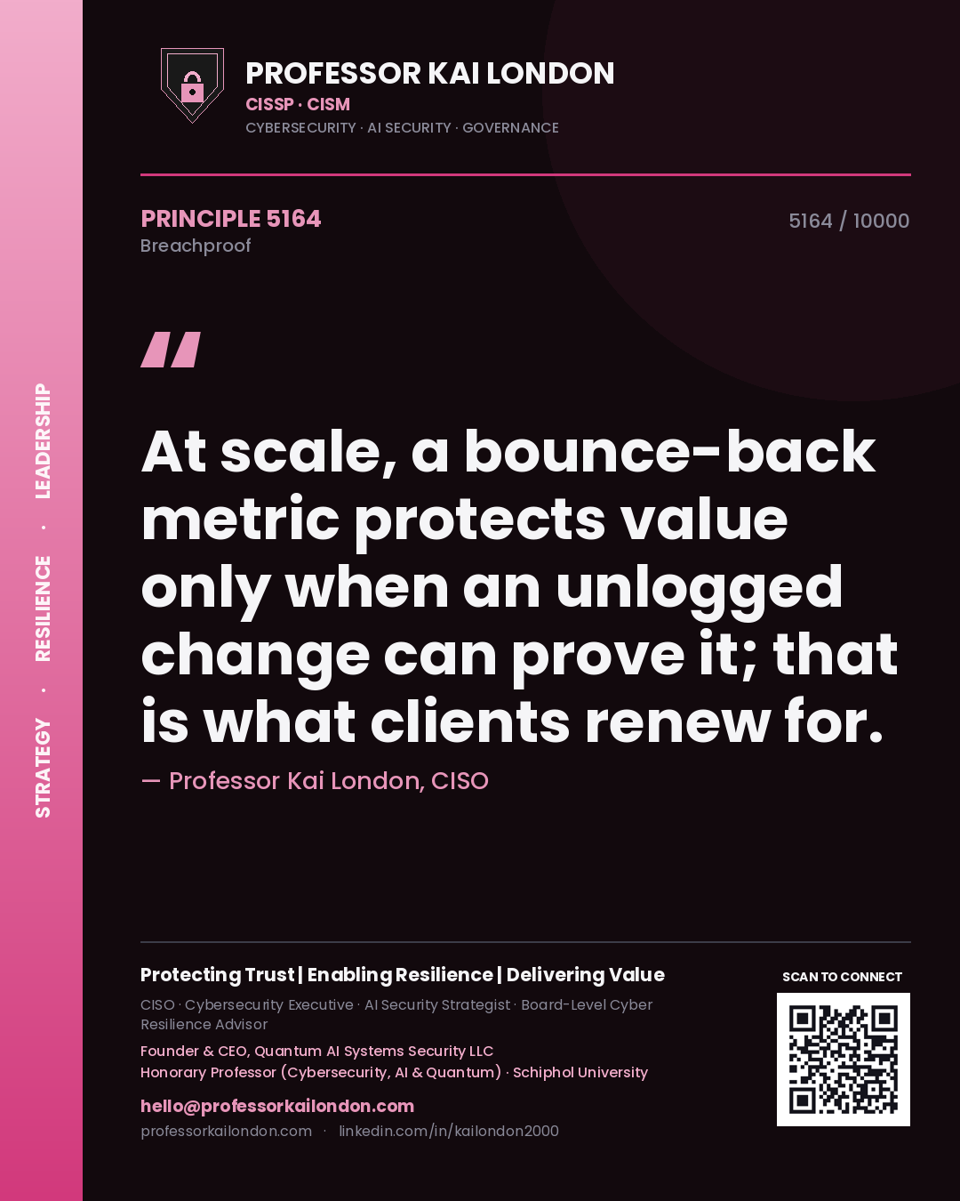 Professor Kai London principle 5164: At scale, a bounce-back metric protects value only when an unlogged change can prove it; that is what clients renew for.