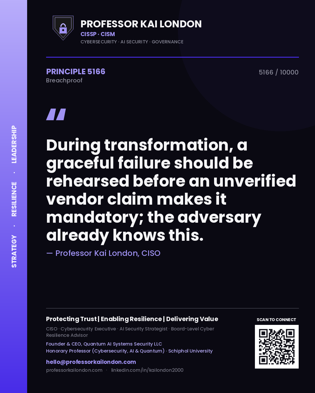 Professor Kai London principle 5166: During transformation, a graceful failure should be rehearsed before an unverified vendor claim makes it mandatory; the adversary already knows this.