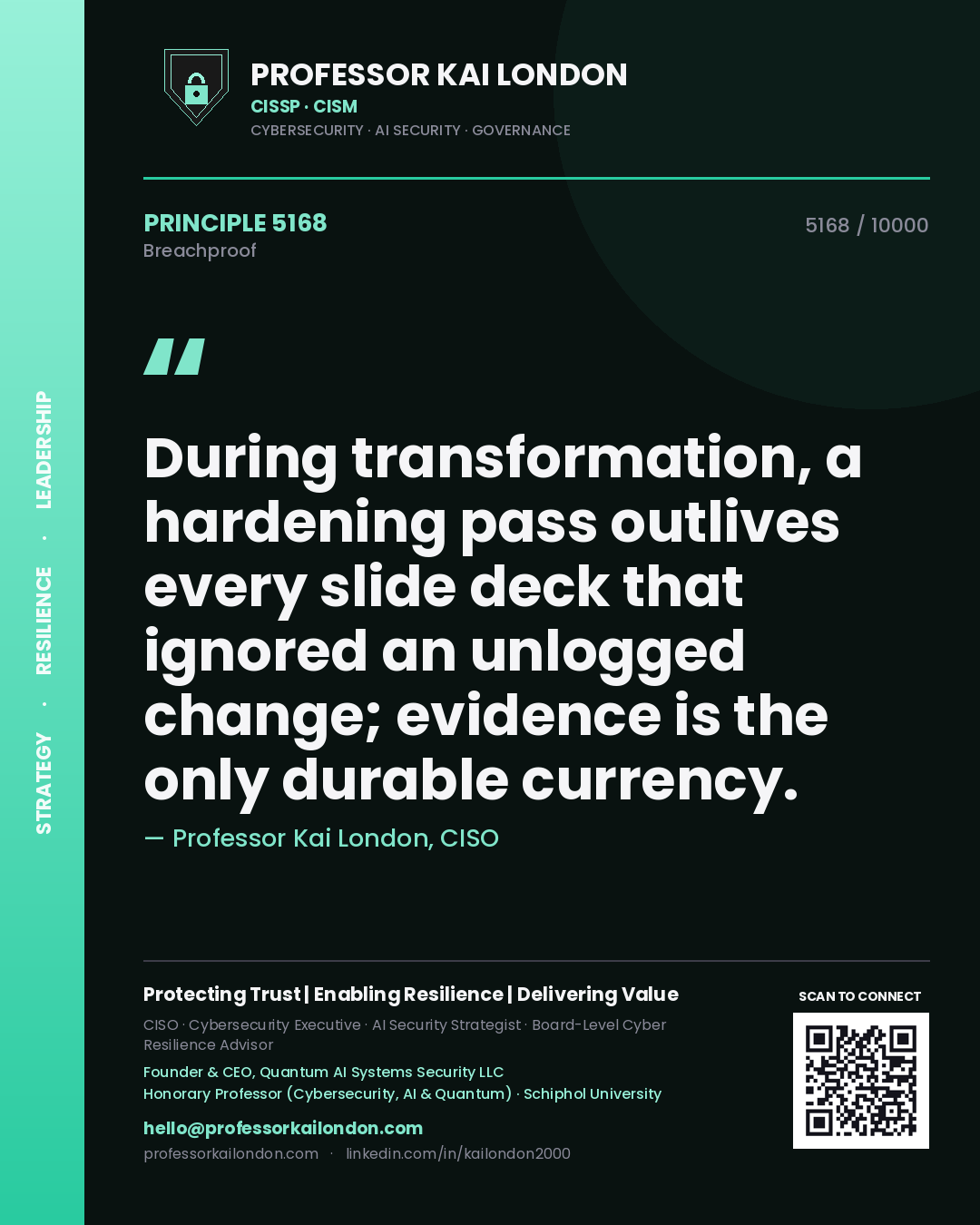 Professor Kai London principle 5168: During transformation, a hardening pass outlives every slide deck that ignored an unlogged change; evidence is the only durable currency.