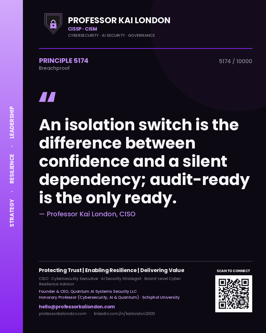Professor Kai London principle 5174: An isolation switch is the difference between confidence and a silent dependency; audit-ready is the only ready.