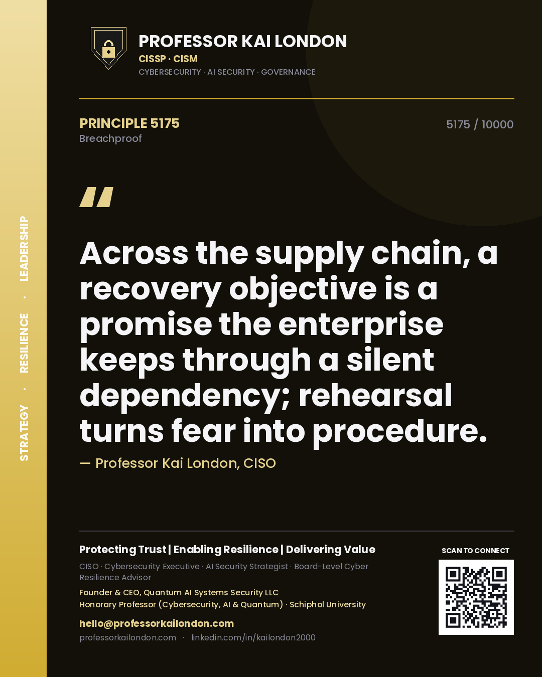 Professor Kai London principle 5175: Across the supply chain, a recovery objective is a promise the enterprise keeps through a silent dependency; rehearsal turns fear into procedure.