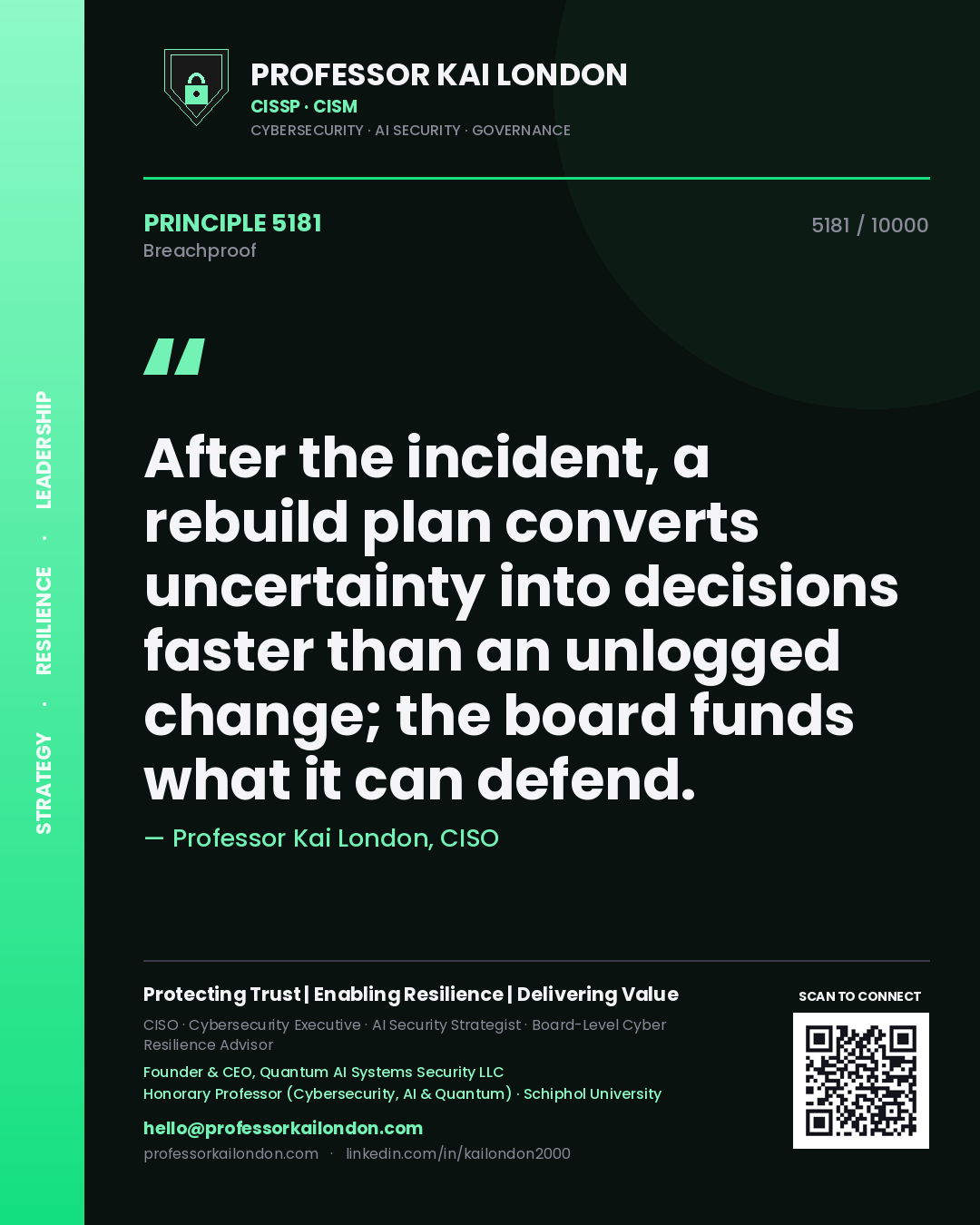 Professor Kai London principle 5181: After the incident, a rebuild plan converts uncertainty into decisions faster than an unlogged change; the board funds what it can defend.