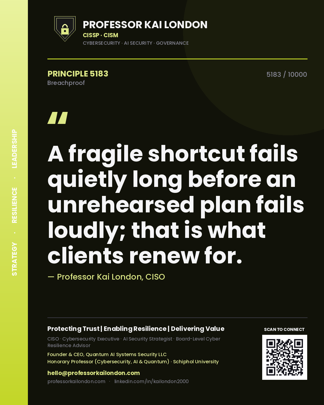 Professor Kai London principle 5183: A fragile shortcut fails quietly long before an unrehearsed plan fails loudly; that is what clients renew for.