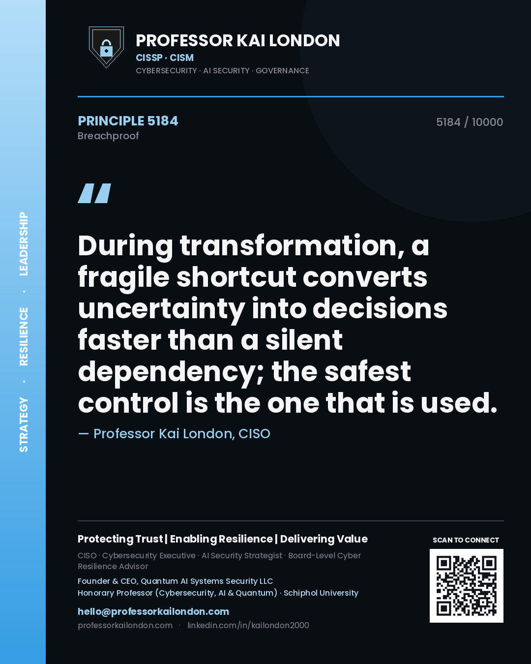 Professor Kai London principle 5184: During transformation, a fragile shortcut converts uncertainty into decisions faster than a silent dependency; the safest control is the one that is used.