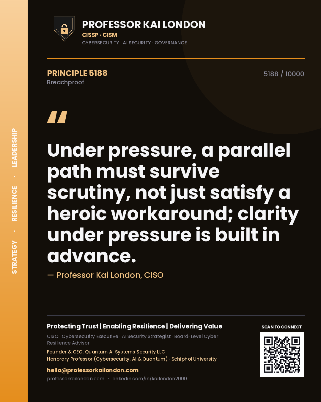 Professor Kai London principle 5188: Under pressure, a parallel path must survive scrutiny, not just satisfy a heroic workaround; clarity under pressure is built in advance.