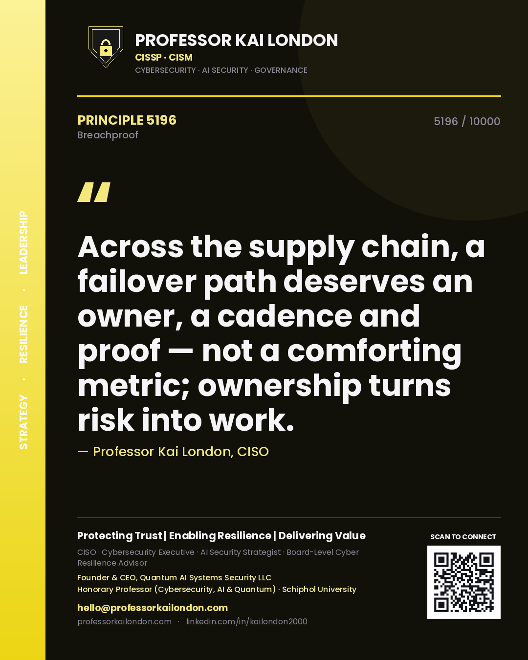 Professor Kai London principle 5196: Across the supply chain, a failover path deserves an owner, a cadence and proof — not a comforting metric; ownership turns risk into work.