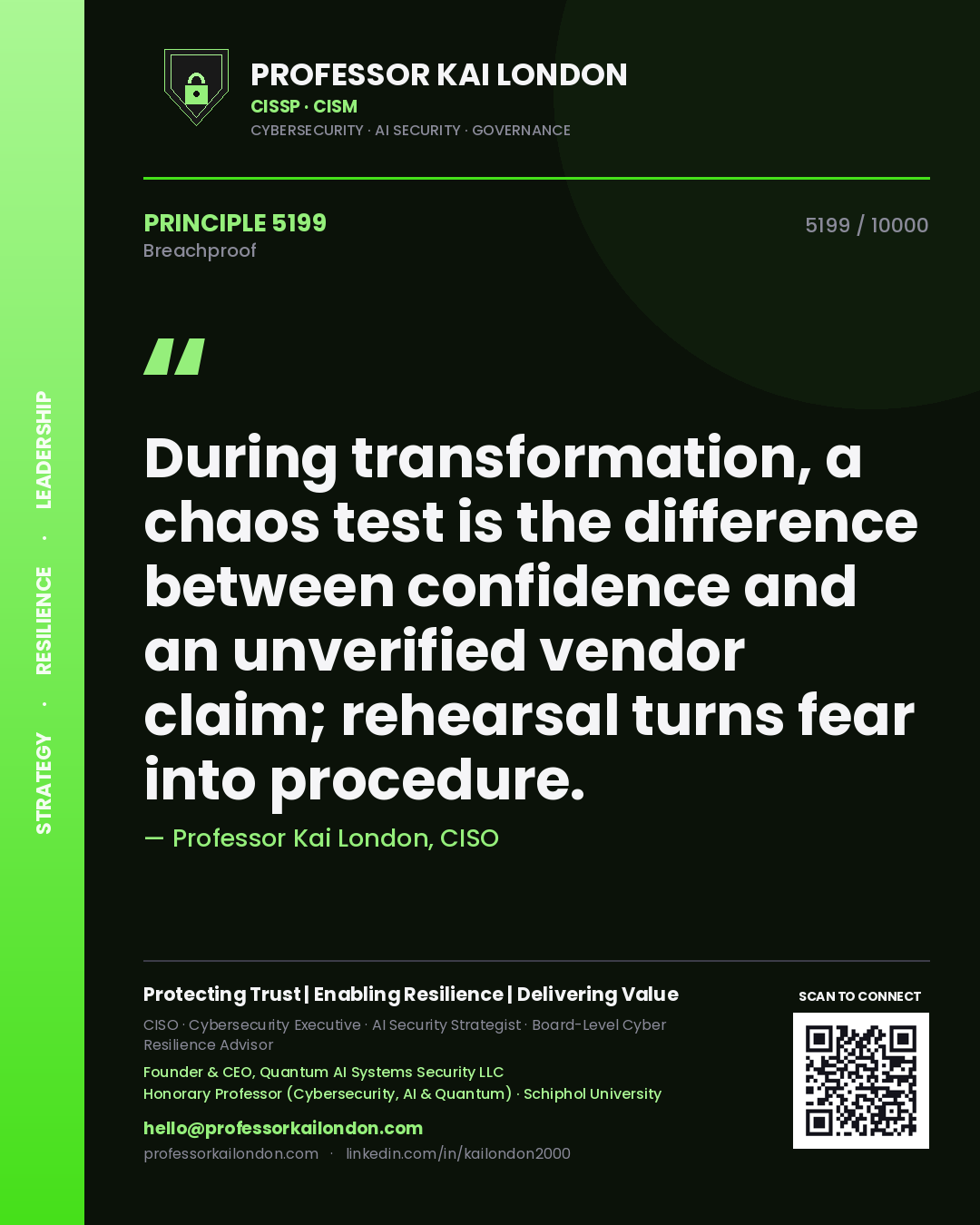 Professor Kai London principle 5199: During transformation, a chaos test is the difference between confidence and an unverified vendor claim; rehearsal turns fear into procedure.