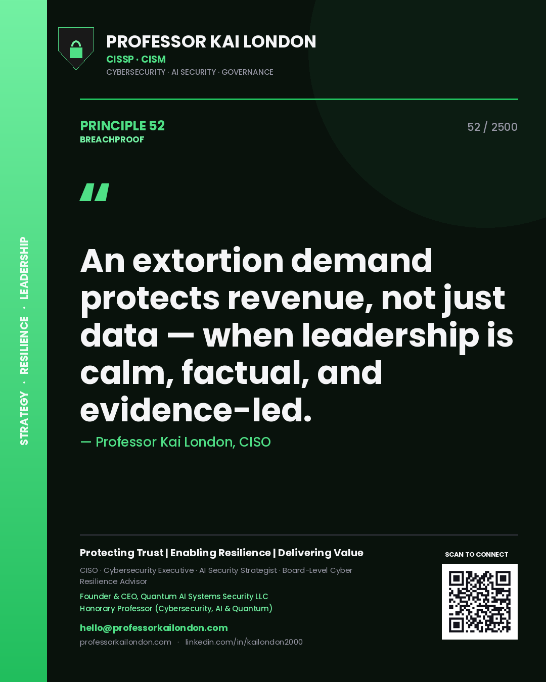 Professor Kai London principle 52: An extortion demand protects revenue, not just data — when leadership is calm, factual, and evidence-led.