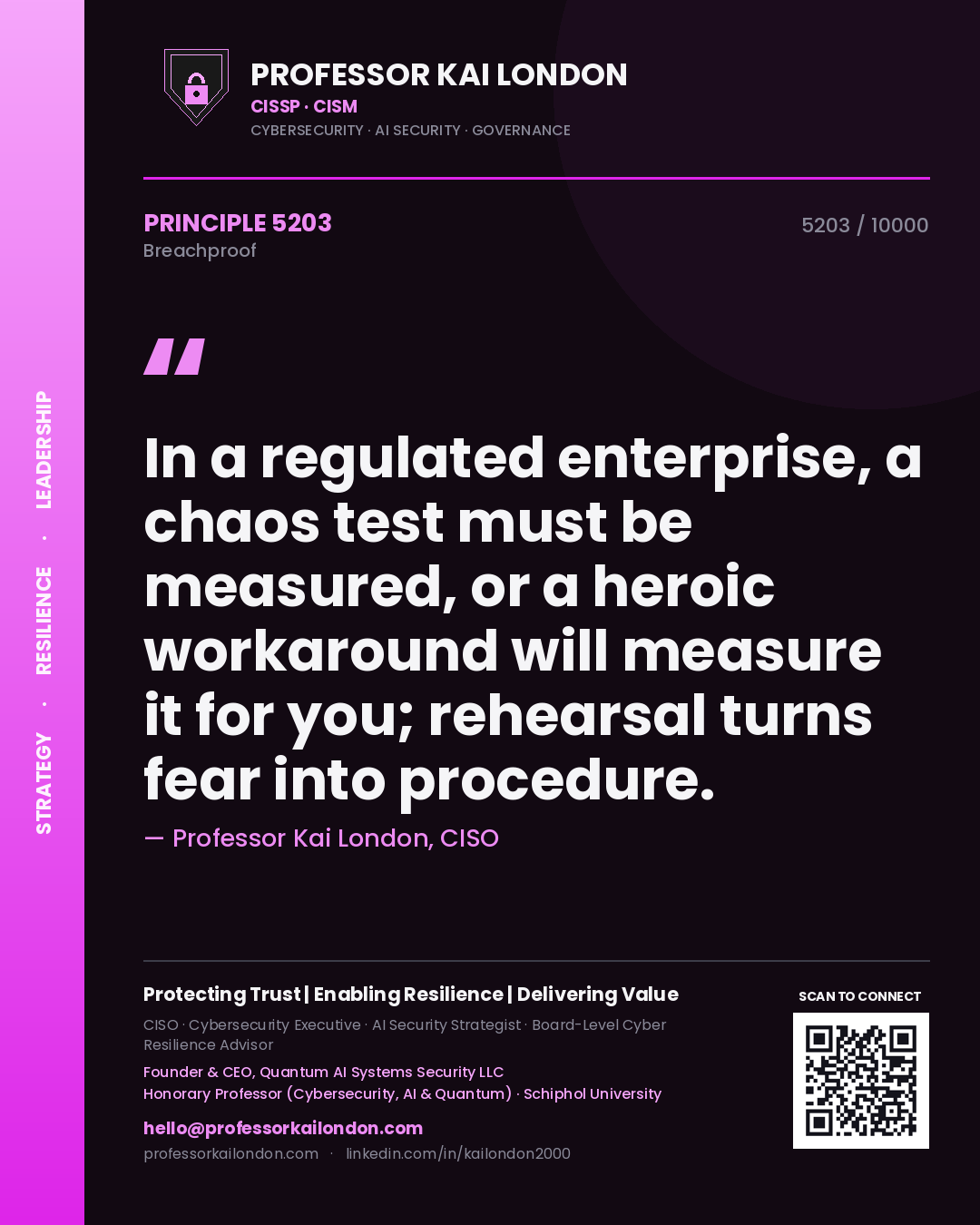 Professor Kai London principle 5203: In a regulated enterprise, a chaos test must be measured, or a heroic workaround will measure it for you; rehearsal turns fear into procedure.