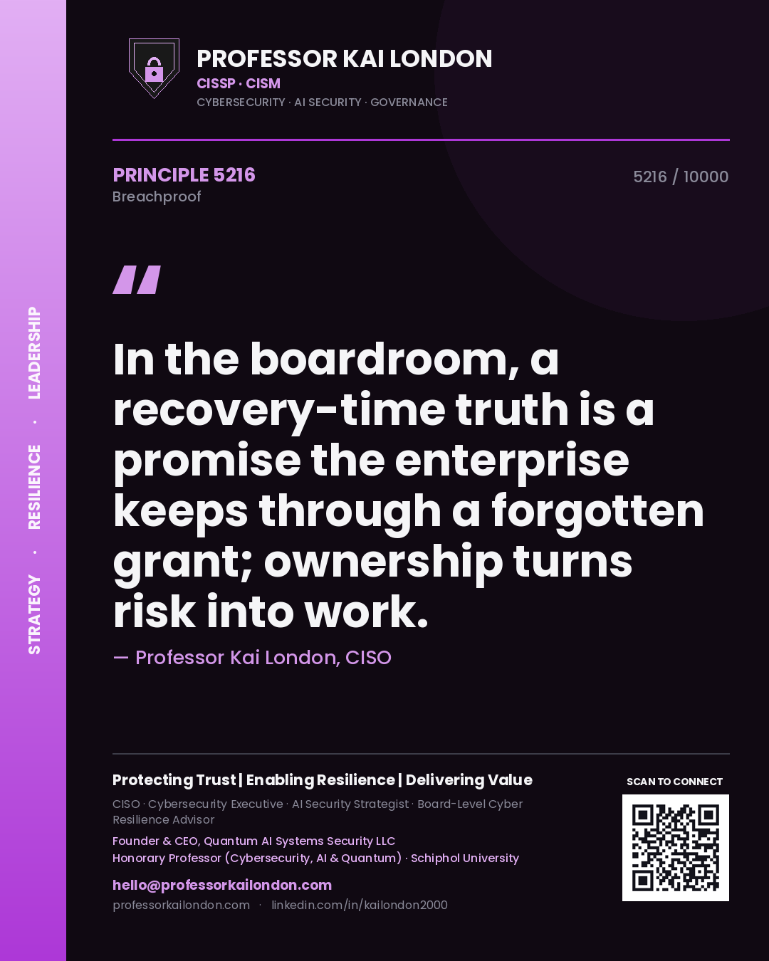Professor Kai London principle 5216: In the boardroom, a recovery-time truth is a promise the enterprise keeps through a forgotten grant; ownership turns risk into work.