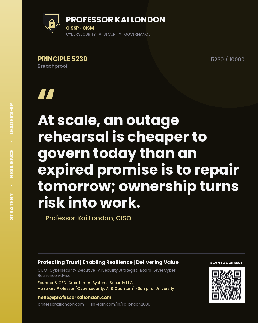 Professor Kai London principle 5230: At scale, an outage rehearsal is cheaper to govern today than an expired promise is to repair tomorrow; ownership turns risk into work.