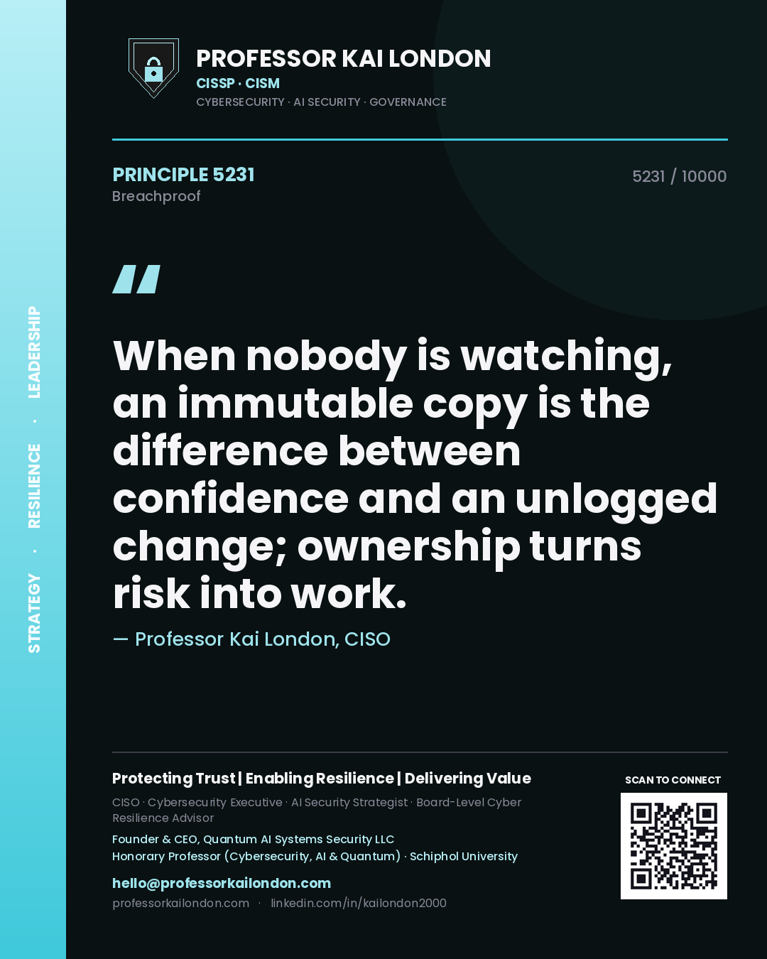 Professor Kai London principle 5231: When nobody is watching, an immutable copy is the difference between confidence and an unlogged change; ownership turns risk into work.